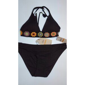 Isabella Rose Crochet Halter Bikini Top S + BECCA Bottom S Black 2Pc Swimsuit NW
